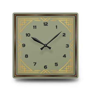 Art Deco Wall Clock Sage Green Timepiece Modern Vintage Style Geometric Design Gold Accent Square Frame Hand Polished Acrylic Construction Battery Operated Living Room Office Display Contemporary Home Accent Premium