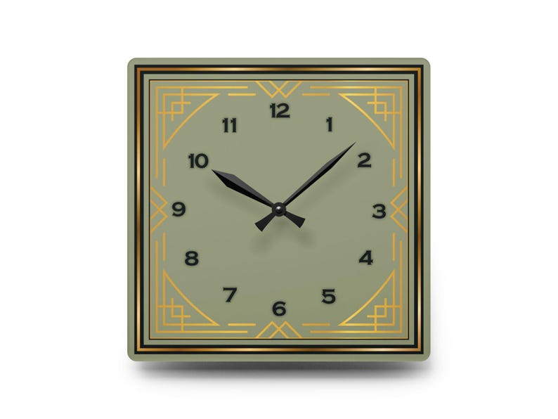 Art Deco Wall Clock Sage Green Timepiece Modern Vintage Style Geometric Design Gold Accent Square Frame Hand Polished Acrylic Construction Battery Operated Living Room Office Display Contemporary Home Accent Premium