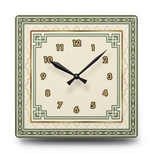 Reloj de pared Art Déco vintage, reloj geométrico de cuarzo silencioso, reloj llamativo verde y dorado, decoración de lujo para el hogar, arte de pared, regalo de inauguración de la casa.