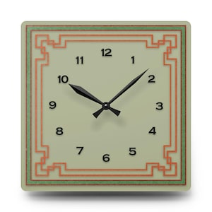 Vintage-Inspired Sage Green Wall Clock, Geometric Art Deco Clock with Red Accents, Unique Square Acrylic Clock, Retro Home Decor Clock