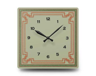 Vintage-Inspired Sage Green Wall Clock, Geometric Art Deco Clock with Red Accents, Unique Square Acrylic Clock, Retro Home Decor Clock