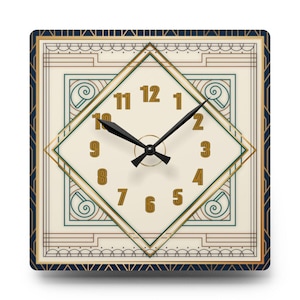 Reloj de pared Art Déco, elegante reloj geométrico, reloj azul y dorado, reloj de inspiración vintage, decoración de pared para oficina, regalo único para ella o para él.