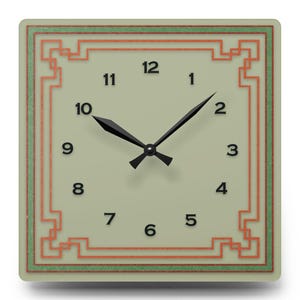 Vintage-Inspired Sage Green Wall Clock, Geometric Art Deco Clock with Red Accents, Unique Square Acrylic Clock, Retro Home Decor Clock