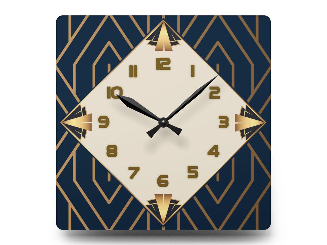 Art Deco Square Wall Clock, Navy & Gold Geometric Clock, Elegant Modern ...