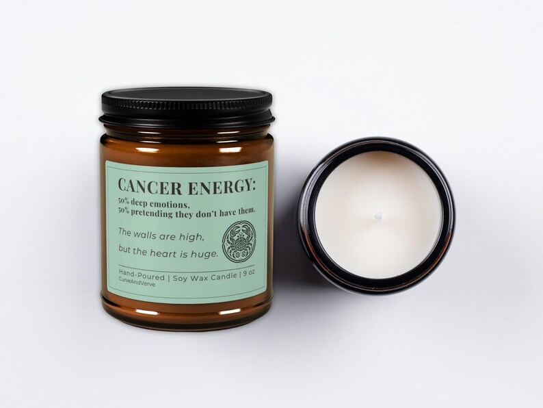 Cancer Zodiac Candle in 9 oz size with light green label. Open jar showing hand-poured soy wax, highlighting clean burn and minimalist design.