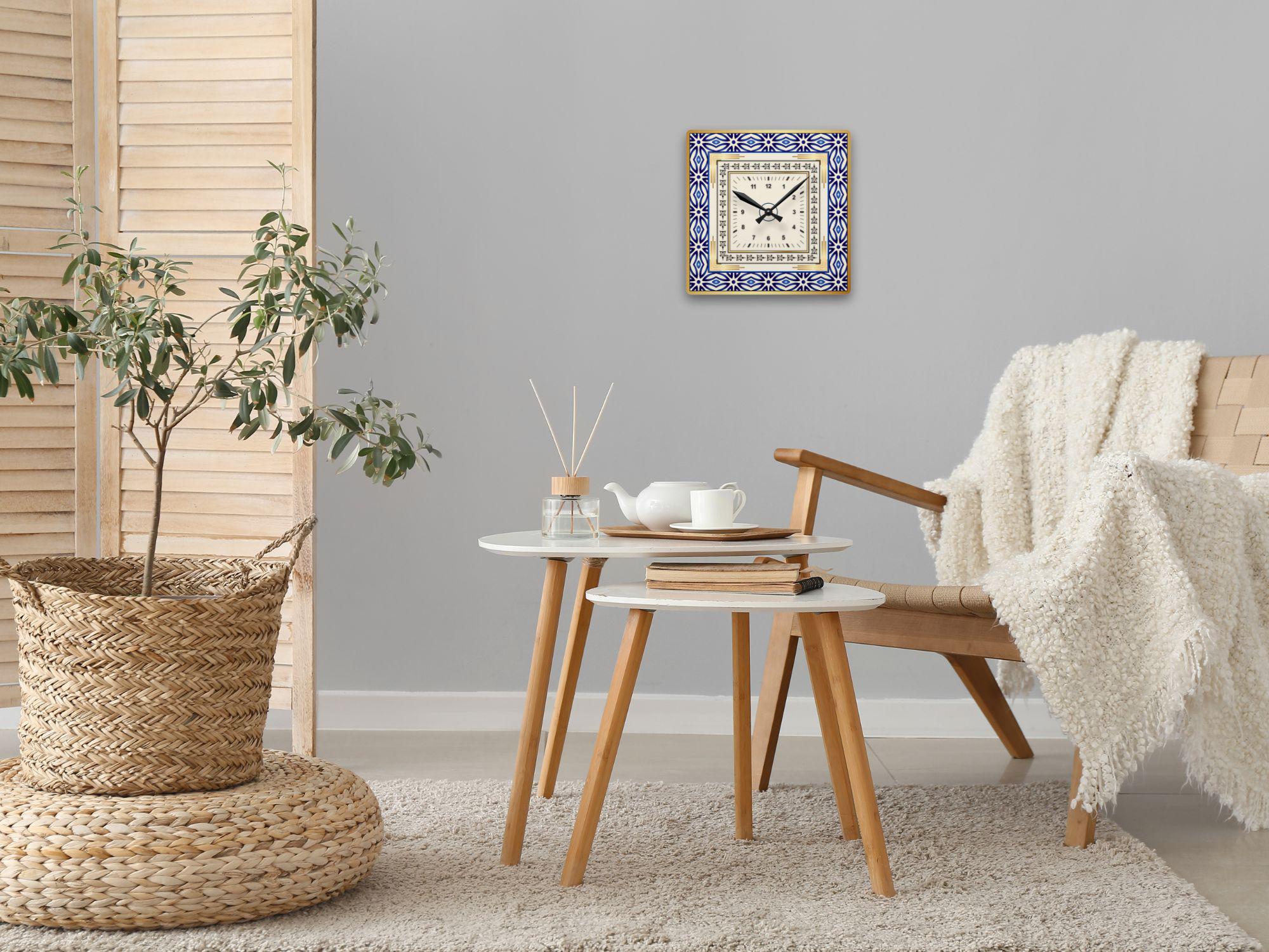 Tile Clock Acrylic Moroccan Tile-inspired Wall Clock, Blue and Gold Square Wall ...