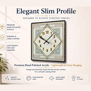 Art Deco square wall clock with cream, teal, navy and gold geometric design shown with elegant slim profile and lightweight premium hand polished acrylic construction