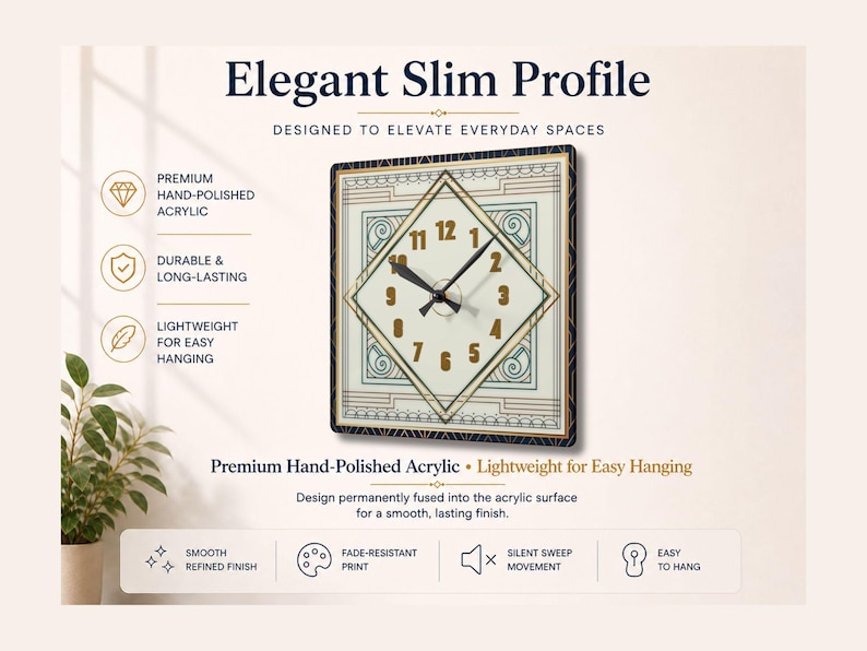Art Deco square wall clock with cream, teal, navy and gold geometric design shown with elegant slim profile and lightweight premium hand polished acrylic construction