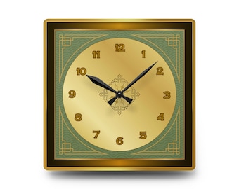 Orologio da parete verde salvia e oro per soggiorno, orologio quadrato silenzioso in acrilico, decorazione Art Déco di ispirazione vintage, regalo della collezione Golden Sage
