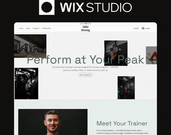 May include: A website design for Wix Studio, featuring the logo and the text "Perform at Your Peak." The site includes images of people working out and a section to "Meet Your Trainer."