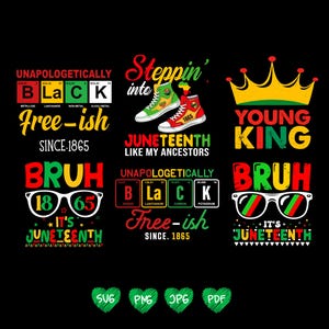 Peut inclure: Conception graphique noire avec texte et illustrations célébrant le Juneteenth. Comprend des phrases telles que « Unapologetically Black », « Free-ish since 1865 » et « Juneteenth like my ancestors ». Comprend des images de baskets, d'une couronne et de lunettes.