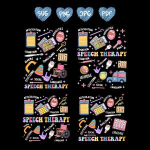 Op de afbeelding: Een kleurrijk grafisch ontwerp met de tekst "Speech Therapy" die vier keer wordt herhaald. Het ontwerp bevat verschillende pictogrammen die verband houden met logopedie, zoals een gehoorapparaat, een tong, een rolstoel, een spraakballon, een microfoon, een spuit, een stapel blokken, een hand met een gebarentaal symbool en een auto met een kruis.
