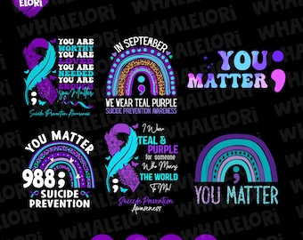 Puede incluir: Un conjunto de cinco diseños digitales con arcoíris azul verdoso y morado con el texto "You Matter" y un punto y coma. Los diseños también incluyen el texto "We Wear Teal Purple Suicide Prevention Awareness", "I Wear Teal & Purple for Someone Who Means The World To Me! Suicide Prevention Awareness", y "You Are Worthy You Are Loved You Are Needed You Are Enough You Matter Suicide Prevention Awareness".