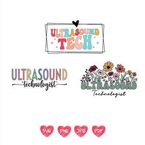 Op de afbeelding: Drie verschillende ontwerpen voor een logo voor een echografietechnicus. Het eerste logo is in retro-stijl met de woorden "Ultrasound Tech" in kleurrijke letters. Het tweede logo zegt "Ultrasound technologist" in een handschrift. Het derde logo toont de woorden "Ultrasound Technologist" in kleurrijke letters met een bloemenontwerp achter de tekst. De logo's zijn beschikbaar in de formaten SVG, PNG, JPG en PDF.