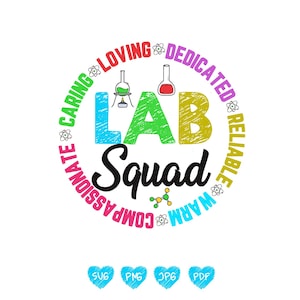 以下が含まれることがあります： 「LAB Squad」の文字が円形に配置されたカラフルなグラフィック。周りには「Loving」や「Dedicated」などの言葉が配置されています。「LAB」の文字は青、緑、黄色で、科学をテーマにしたアイコンも含まれています。