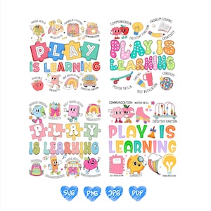 Può includere: Un design grafico colorato con il testo "PLAY IS LEARNING" in lettere a bolle, circondato da illustrazioni giocose di materiale scolastico e concetti educativi. Il design include i tipi di file: SVG, PNG, JPG e PDF.