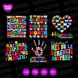 May include: Five colorful digital designs celebrating Hispanic Heritage Month. The designs feature flags, hearts, and handprints with the text "Hispanic Heritage Month", "National Hispanic Heritage Month", and "Celebrating Mes de la Herencia Hispana".