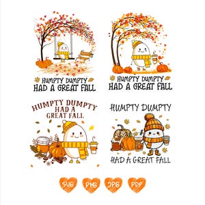 Puede incluir: Cuatro ilustraciones con temática otoñal con personajes de Humpty Dumpty. Cada imagen muestra a Humpty Dumpty con una bufanda y un sombrero amarillos, calabazas y el texto "Humpty Dumpty Had a Great Fall".