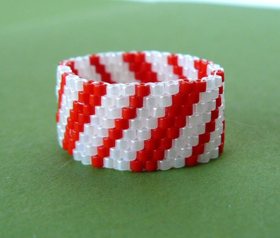 Candy Cane Stripe Beaded Ring Red and White Stripes Etsy