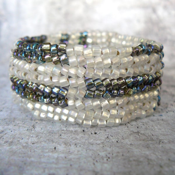 Grey and White Abstract Geometric Beaded Cuff, Aurora Borealis Finish Beadwoven Bracelet, Everyday Jewelry, Unique Gift, Herringbone Stitch