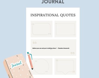 Może przedstawiać: Brzoskwiniowy dziennik ze słowem "Journal" i detalami gwiazd, długopisem oraz stroną z tekstem "Inspirational Quotes" i cytatem Theodore'a Roosevelta. U góry widnieje napis "Vision Book Journal".