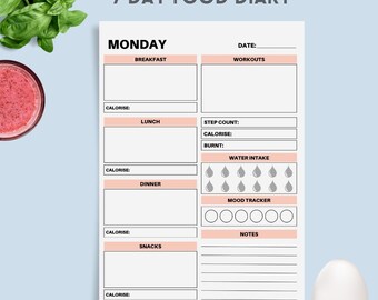 7 Day Food Diary Printable, Fitness Tracker, Water Intake, Mood, Workout Log (Instant Download)