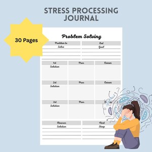May include: A stress processing journal with 30 pages, featuring a problem-solving template. The journal includes sections for solutions, pros, and goals. The cover has the text "Stress Processing Journal".