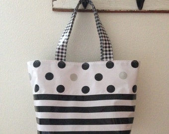 Beth's Medium Black and Silver Dot With Stripes Oilcloth Market Tote Bag