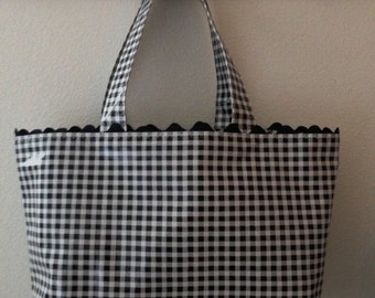 Beth's Large Black Gingham Oilcloth Tote Bag with Black Rick Rack