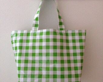 Beth's Big Kiwi green Picnic Check Oilcloth Market Tote Bag