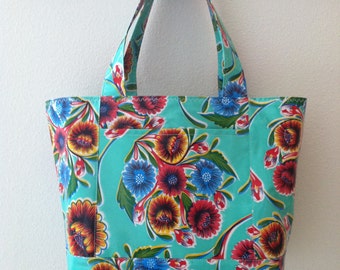 Beth's Medium Aqua Bloom Oilcloth Tote Market Bag with Exterior Pockets