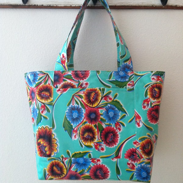 Beth's Medium Aqua Bloom Oilcloth Tote Market Bag with Exterior Pockets