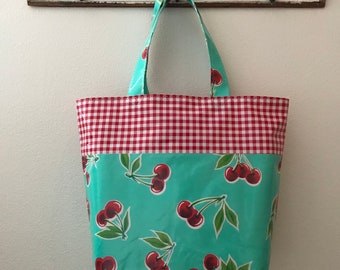 Beth's Oilcloth Vintage Aqua Cherry  Grocery Style Tote with Red Gingham Trim