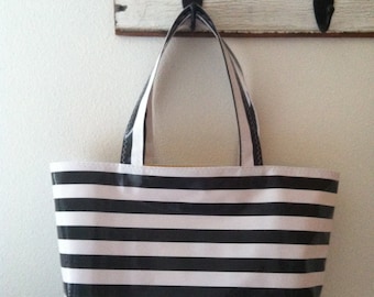 Beth's Large Black Stripes Oilcloth Market Tote Bag