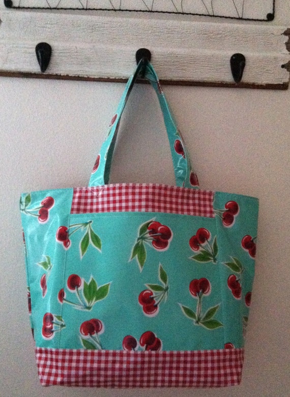 Beth's Big Retro Cherry Oilcloth Market Tote Bag With 