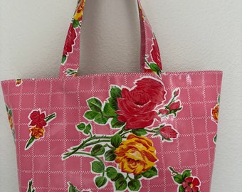 Beth's Large pink vintage rose oilcloth market tote bag