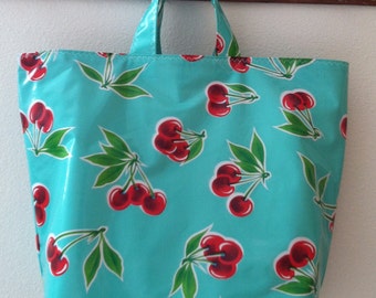 Beth's black, pink, blue or aqua Retro Cherries Oilcloth Grocery Market Tote Bag