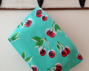 Beth's Large Aqua Cherry Oilcloth Cosmetic Travel Bag with Zipper Closure