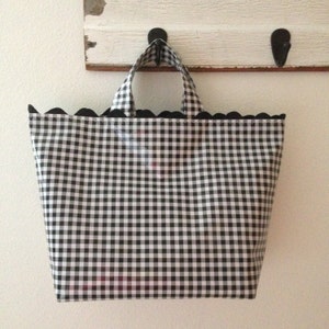 Beth's Medium Black Gingham Oilcloth Business Tote with Black Rick Rack Trim