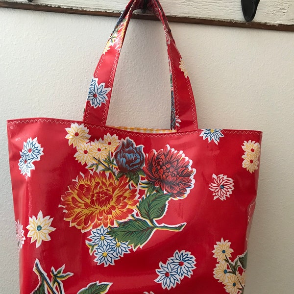 Beth's Large Red Mum Oilcloth Market Tote Bag