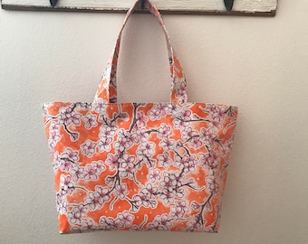 Beth's Large gray, orange or lilac  Blossom Oilcloth Market Tote Bag