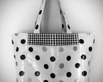 Beth's Big black and silver dot oilcloth tote marketbag