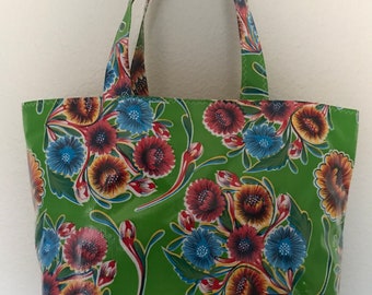 Beth's Large Green Bloom Oilcloth Market Tote Bag