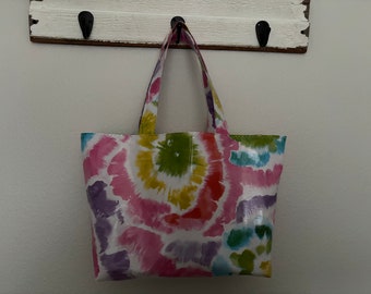 Beth's  pink or turquoise large tie dye oilcloth market tote bag