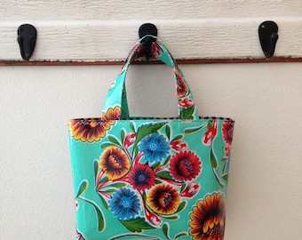 Beth's Small Aqua Bloom Oilcloth Tote Bag