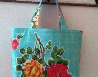 Beth's Small Aqua Vintage Rose Oilcloth Tote Bag