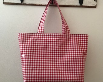 Beth's  blue, black, yellow or red Gingham Oilcloth Large Market Tote Bag in multiple colors