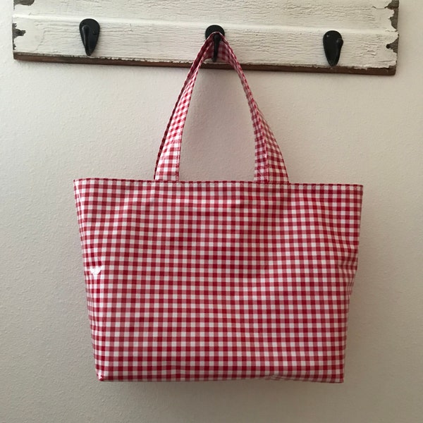 Beth's  blue, black, yellow or red Gingham Oilcloth Large Market Tote Bag in multiple colors