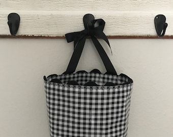 Beth's  Black gingham Oilcloth Car Trash Bag Hanging Receptacle With a Ribbon Tie and rick rack trim