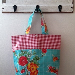 Beth's Aqua Vintage Rose Grocery Style Tote With Red Gingham - Etsy
